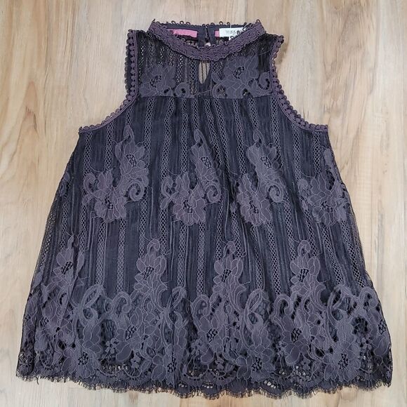 🔺️Taylor & Sage Medieval Blue High Neck Lacy Sleeveless Blouse Small - Picture 1 of 13